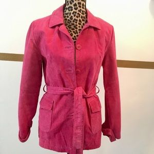 Hot pink suede trench coat